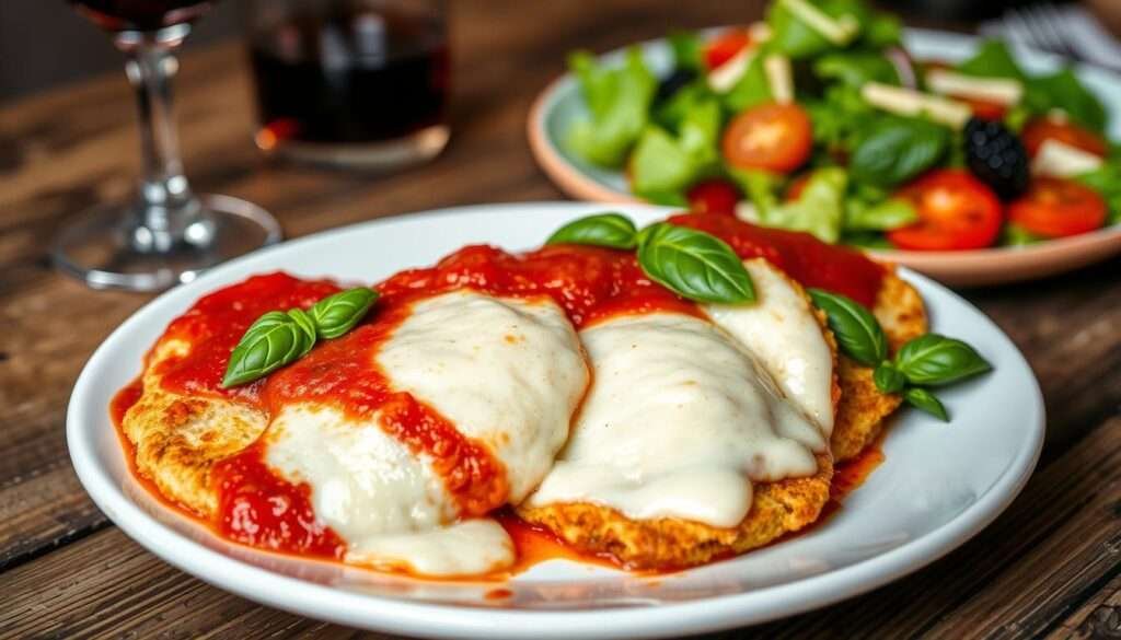 A plate of baked chicken parmesan, golden-brown breaded chicken cutlets topped with melted mozzarella cheese and a vibrant tomato sauce, garnished with fresh basil leaves. The dish is presented on a rustic wooden table, with a glass of red wine and a simple salad in the background, creating a cozy, inviting atmosphere. Soft, warm lighting casts a gentle glow, highlighting the textures and colors of the delectable dish. The composition is captured from a slightly elevated angle, emphasizing the appetizing presentation.