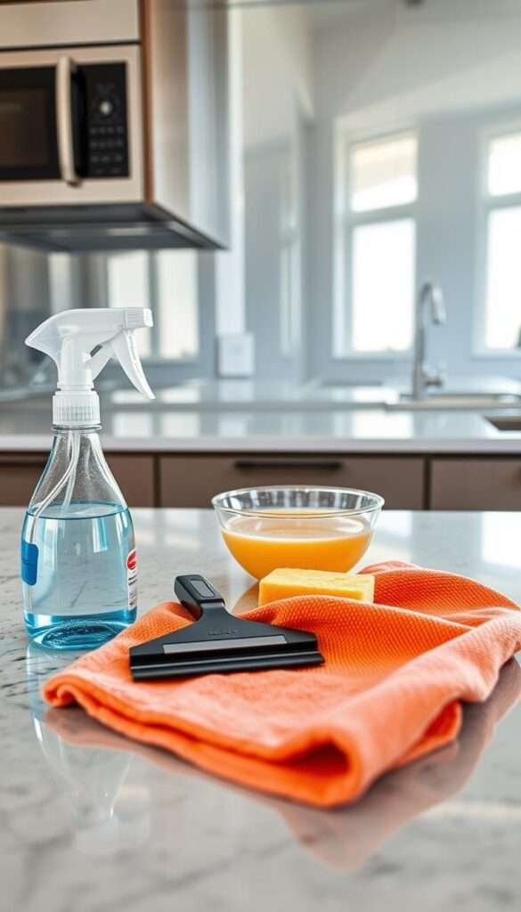 A pristine, well-lit kitchen countertop with an immaculate reflective backsplash. In the foreground, an assortment of essential cleaning tools: a microfiber cloth, a glass cleaner spray bottle, a small squeegee, and a polishing cloth. The middle ground features a bowl of warm, soapy water and a soft sponge, ready for thorough cleaning. The background showcases the gleaming, mirror-like backsplash, reflecting the bright, natural lighting that floods the space. The overall mood is one of precision, care, and the transformative power of maintaining a spotless, luminous backsplash surface.