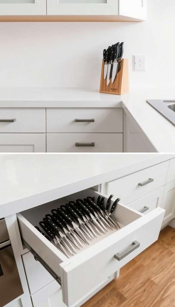 A pristine white kitchen counter, its surface clear of clutter, save for a wooden knife block standing tall. In the next frame, the counter is transformed - the knife block has vanished, replaced by a sleek drawer insert, neatly housing an array of sharp blades. The transition is seamless, showcasing how clever storage solutions can revolutionize even the most compact of kitchens. Soft, even lighting illuminates the scene, highlighting the clean, minimalist aesthetic. The camera captures this transformation from an eye-level perspective, emphasizing the practical benefits of this space-saving upgrade. This visually striking before-and-after sequence embodies the spirit of the "Revolutionize Your Counter Space" section, inspiring readers to rethink their own kitchen organization.