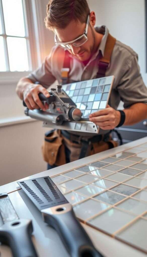 A professional tile installer, wearing a tool belt and safety goggles, carefully measures and cuts a sheet of glass tiles using a wet saw. The tiles' reflective surface catches the warm, focused light from a window, creating a dazzling display. In the foreground, a variety of precision tools, including a notched trowel and grout float, are neatly arranged, ready for the next step in the installation process. The background features a clean, well-organized workspace with a tidy tile pattern laid out on the counter, awaiting the installer's skilled hands.