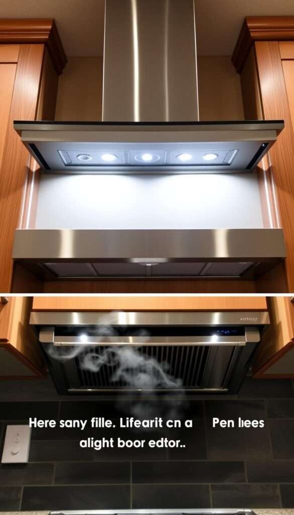 A professional, well-designed range hood installation in the foreground, featuring a stainless steel frame and seamless integration into the kitchen cabinetry. Bright, diffused lighting illuminates the cooking surface below. In the background, an inadequate downdraft system struggles to capture rising smoke and odors, with a makeshift, underpowered fan and poor airflow. The contrast highlights the importance of a properly installed ventilation system for an efficient, high-performing kitchen. Shot with a wide-angle lens, creating a sense of scale and emphasizing the visual impact of the two systems side-by-side.