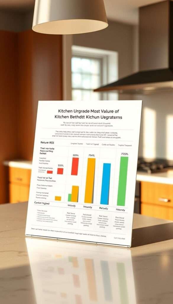 A realistic, detailed ROI (Return on Investment) chart displayed on a modern kitchen countertop, showcasing the most valuable and budget-friendly kitchen upgrades. The chart features clear data visualization with colorful bars and labels indicating the relative impact and cost-effectiveness of various small-scale kitchen improvements. Warm, natural lighting illuminates the scene, creating a subtle, inviting atmosphere. The chart is depicted from a slightly elevated angle, providing a comprehensive view while maintaining a sense of depth and perspective. The kitchen environment is minimalist, allowing the ROI chart to be the focal point and highlight the practical value of the upgrades described in the article.