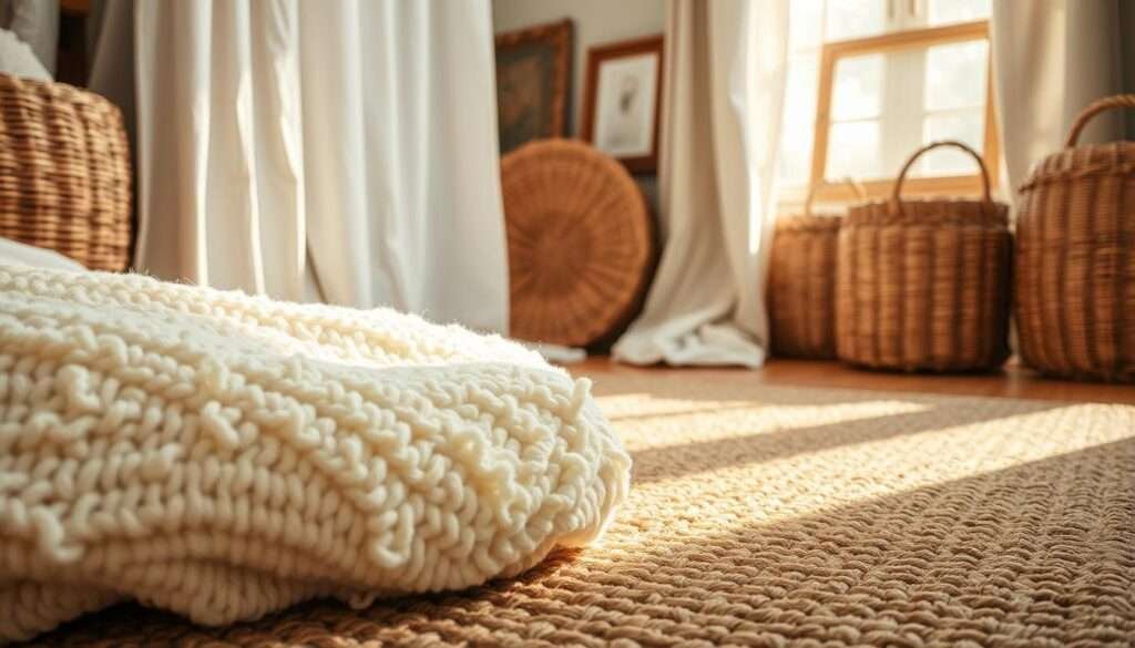 A richly textured composition of natural materials, bathed in soft, natural lighting. In the foreground, a plush bouclé fabric in an off-white hue, its looped fibers capturing the light. Positioned behind it, a woven jute rug with a tight, intricate pattern, its earthy tones grounding the scene. Further back, a linen curtain panel cascades gracefully, its crisp folds and subtle sheen adding depth and dimension. Woven wicker baskets and frames peek out, blending harmoniously with the organic textures. Warm, indirect illumination emanates from unseen sources, casting gentle shadows and highlights that accentuate the varied surfaces. The overall mood is one of timeless, natural elegance - a serene, layered refuge perfect for a bright, airy farmhouse living room.