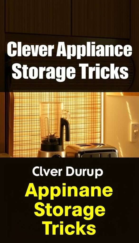 A roll-up bamboo appliance garage, its slatted panels neatly concealing a blender and toaster on the kitchen counter. Warm, diffused light filters through the woven texture, casting soft shadows that accentuate the organic forms. The garage's sliding mechanism allows for easy access, seamlessly integrating modern appliances into a rustic, minimalist aesthetic. The composition emphasizes the clever storage solution, capturing the essence of the "Clever Appliance Storage Tricks" featured in the article. Photographed from a slightly elevated angle, the image conveys a sense of thoughtful design and efficient use of limited kitchen space.