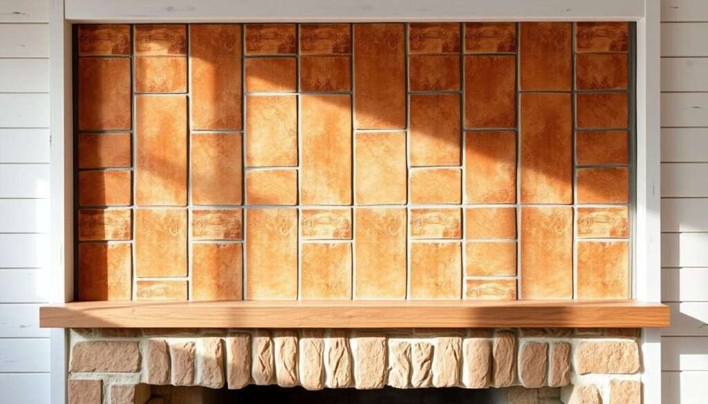 A rustic Mediterranean-inspired fireplace wall, featuring a grid of intricate terracotta tiles in warm hues, set against a backdrop of weathered white shiplap paneling. The tiles have a handcrafted, artisanal texture, with subtle variations in color and pattern. Soft, diffused natural lighting filters in, casting gentle shadows that accentuate the depth and tactile quality of the materials. The overall aesthetic evokes a sense of coastal charm and timeless farmhouse elegance, blending traditional and modern design elements seamlessly.