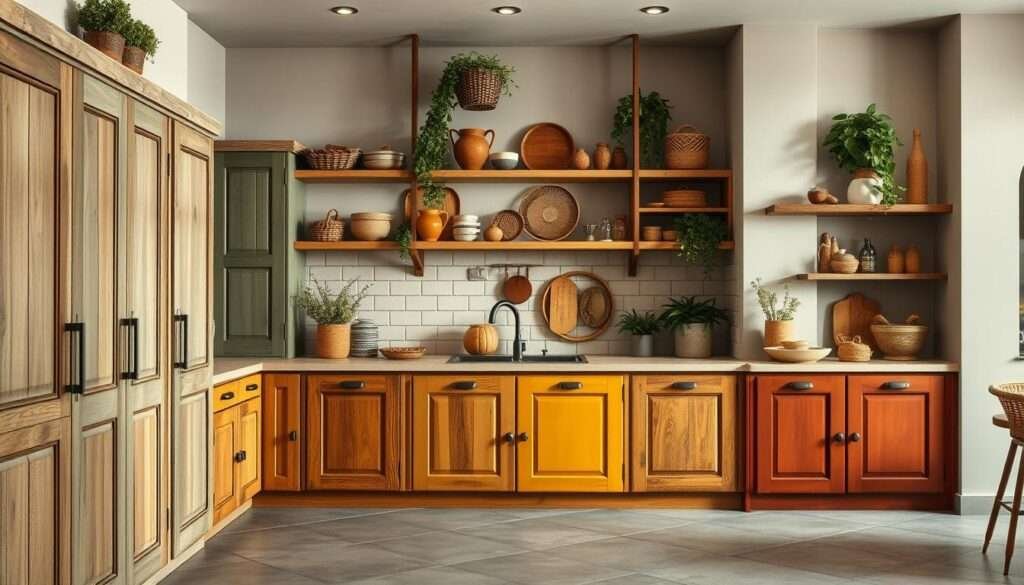 A rustic and boho-inspired kitchen with a warm, inviting atmosphere. In the foreground, a row of wooden cabinet doors in various earthy tones - sage green, mustard yellow, and rich terracotta - reflecting the natural, eclectic vibe. The middle ground features a mix of open shelving and closed cabinets, showcasing an array of textured ceramics, woven baskets, and lush greenery. Soft, diffused lighting casts a gentle glow, creating a cozy, welcoming ambiance. The background blends seamless neutral walls and muted tile flooring, allowing the cabinet colors and bohemian accents to take center stage.