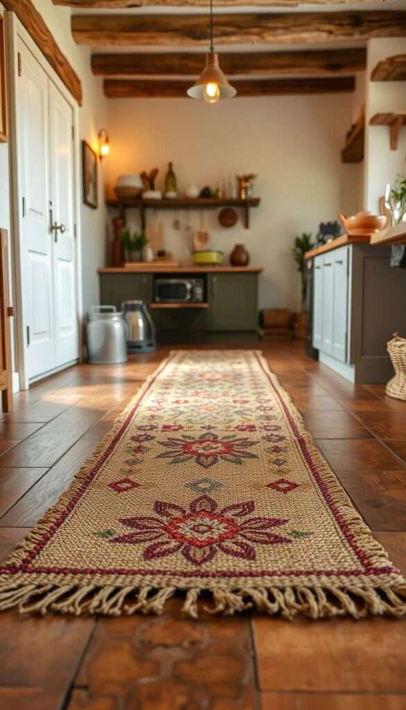 A rustic and cozy kitchen interior with warm lighting. In the foreground, a woven jute rug with a vintage floral pattern lies on a wooden floor. Complementing the rug, a patterned runner made of natural fibers such as sisal or seagrass stretches across the center of the room, leading the eye towards the middle ground. In the background, the tile floor continues, featuring earthy terracotta or handpainted tiles in an organic, bohemian design. The overall atmosphere is inviting, with a touch of bohemian flair and an emphasis on natural textures and earthy tones.