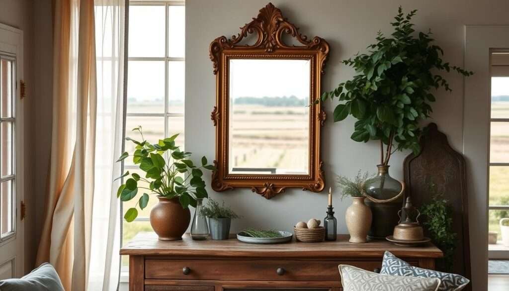 A rustic antique mirror hanging above a weathered wooden console table, surrounded by lush greenery and vintage accents in a cozy farmhouse living room. Soft, natural lighting filters through sheer curtains, casting a warm glow on the scene. The mirror's ornate gold frame reflects the room's timeless charm, evoking a sense of history and character. In the background, a large window overlooks a sprawling field, blending the indoor and outdoor spaces seamlessly. This curated vignette showcases a harmonious fusion of antique and modern elements, creating a space that is both visually captivating and emotionally inviting.
