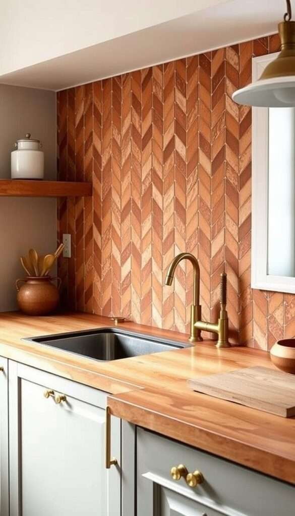 A rustic, boho-inspired kitchen backsplash made of earthy terracotta tiles in a herringbone pattern. The tiles are slightly uneven, giving a handcrafted, artisanal feel. The warm, muted tones of the tiles are complemented by a natural wood countertop and brass hardware. Soft, diffused lighting casts a cozy glow, creating an inviting and relaxed atmosphere. The backsplash is the focal point, setting the tone for a charming, bohemian-style kitchen.