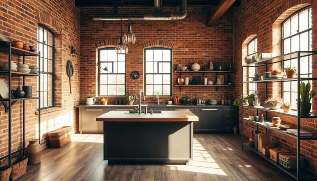 A rustic, boho-inspired kitchen featuring exposed brick walls, industrial metal accents, and moody, earthy tones. The space is bathed in warm, natural lighting filtering through large windows, casting a cozy, inviting atmosphere. Vintage-inspired pendant lights hang above a sleek, minimalist kitchen island with a wooden countertop. Metal shelving units line the walls, displaying an eclectic mix of ceramics, potted plants, and other decorative elements. The floor is covered in a distressed, hardwood-like tile, tying the industrial and bohemian elements together seamlessly. This kitchen evokes a sense of eclectic, lived-in charm, perfect for the "Boho Industrial Kitchen: Brick, Metal, and Moody Color" section of the article.