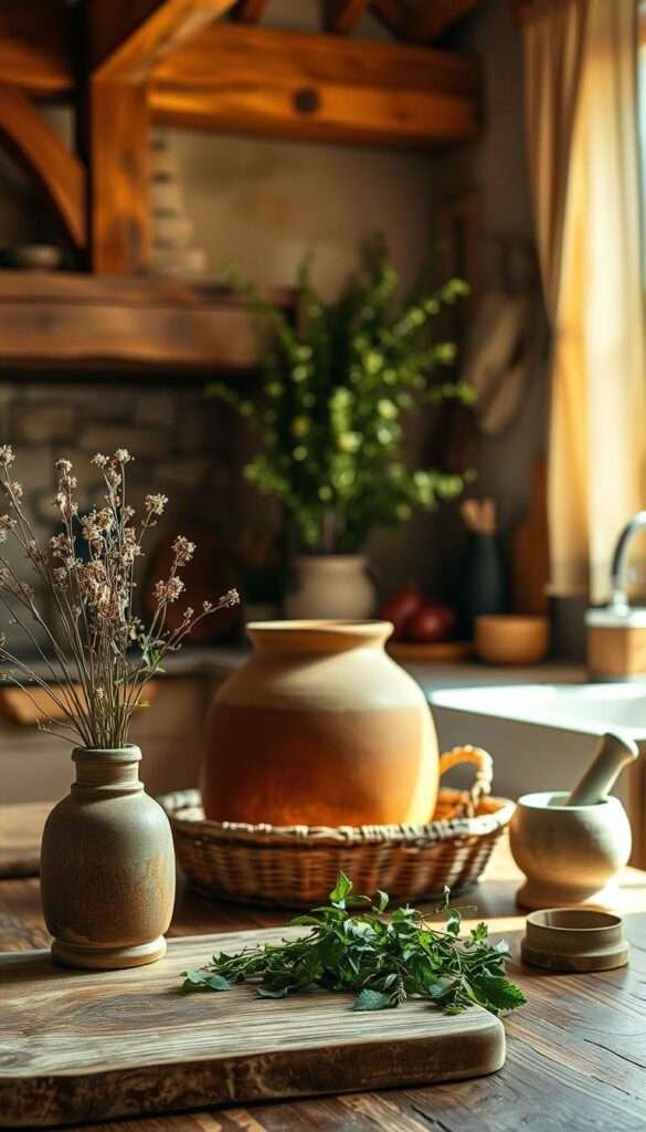 A rustic boho kitchen, bathed in warm, natural light. The foreground showcases a wooden cutting board, a ceramic vase with dried flowers, and a handful of fresh herbs. The middle ground features a large, earthy-toned ceramic pot, a woven basket, and a stone mortar and pestle. In the background, exposed wooden beams, natural linen curtains, and a stone backsplash create a cozy, inviting atmosphere. The color palette is a harmonious blend of ochre, terracotta, sage, and touches of deep indigo. Subtle textures, such as linen, rattan, and smooth stone, add depth and character to the scene. The overall mood is one of simplicity, comfort, and a connection to the natural world.