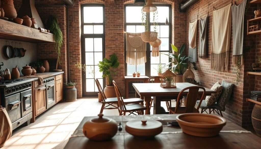 A rustic boho kitchen with warm, earthy tones and timeworn textures. In the foreground, weathered wood cabinets, clay pots, and a vintage-inspired stove. Midground showcases a rough-hewn wooden table surrounded by mismatched chairs with plush, patterned cushions. The background features exposed brick walls, adorned with trailing plants and wall hangings in neutral hues. Soft, natural lighting filters in through large, industrial-style windows, casting a cozy glow. The overall atmosphere is one of lived-in comfort and artisanal, bohemian charm.