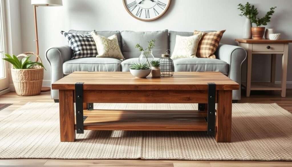 A rustic coffee table stands as the centerpiece of a cozy farmhouse living room, its weathered wood and metal accents complementing the surrounding decor. Beside it, a slim farmhouse console table extends the room's rustic charm, its clean lines and distressed finish creating a harmonious contrast. Soft, directional lighting casts a warm glow over the scene, highlighting the natural textures and lending an inviting ambiance. The overall composition strikes a balance between rustic simplicity and modern farmhouse elegance, perfectly suited to anchor this intimate living space.