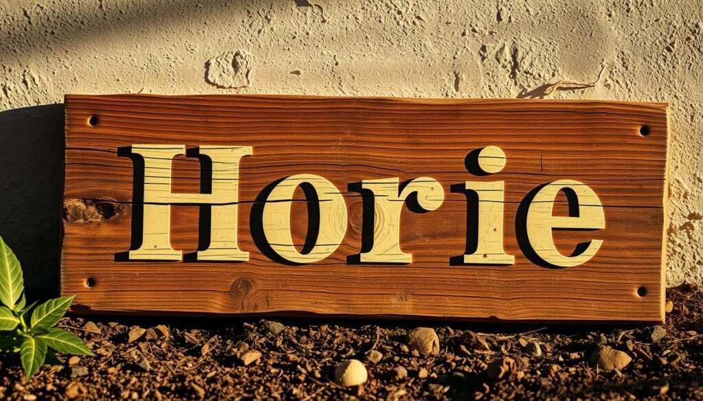 A rustic, distressed wooden sign with vintage, heirloom-style typography, positioned in a natural, earthy setting. The sign's surface is weathered and worn, with visible cracks, knots, and a subtle patina. Warm, soft lighting casts gentle shadows, creating a sense of depth and dimension. The background features a neutral, textured wall or surface, complementing the sign's rustic charm. The overall composition evokes a sense of timelessness and nostalgia, perfectly fitting the "Distressed wooden signs and heirloom typography" section of the article.