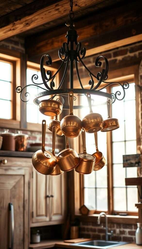 A rustic farmhouse kitchen, filled with warm, natural light streaming through large windows. At the center, an industrial-style ceiling pot rack crafted from distressed metal, its intricately curved arms holding an array of gleaming copper pans in varying sizes. The pans reflect the soft illumination, casting a gentle glow across the weathered wood cabinets and exposed brick walls. The overall atmosphere is one of cozy, rural charm, blending vintage and modern elements into a cohesive and visually appealing space.