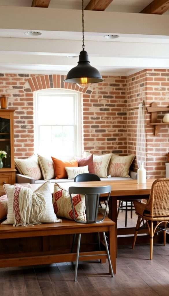A rustic farmhouse kitchen with a mix of vintage and modern seating. In the foreground, a wooden bench with plush boho-inspired cushions and throws. Behind it, a sturdy farmhouse table with mismatched chairs - a distressed wooden armchair, a sleek metal stool, and a wicker-backed chair. Hanging above, an industrial-style pendant light casts a warm, amber glow. The middle ground features a built-in window seat, its cushions adorned with colorful patterned pillows. The backdrop is a weathered brick wall, lending an organic, lived-in feel. Soft natural light filters in through the nearby window, creating a cozy, inviting atmosphere perfect for a casual gathering or meal.