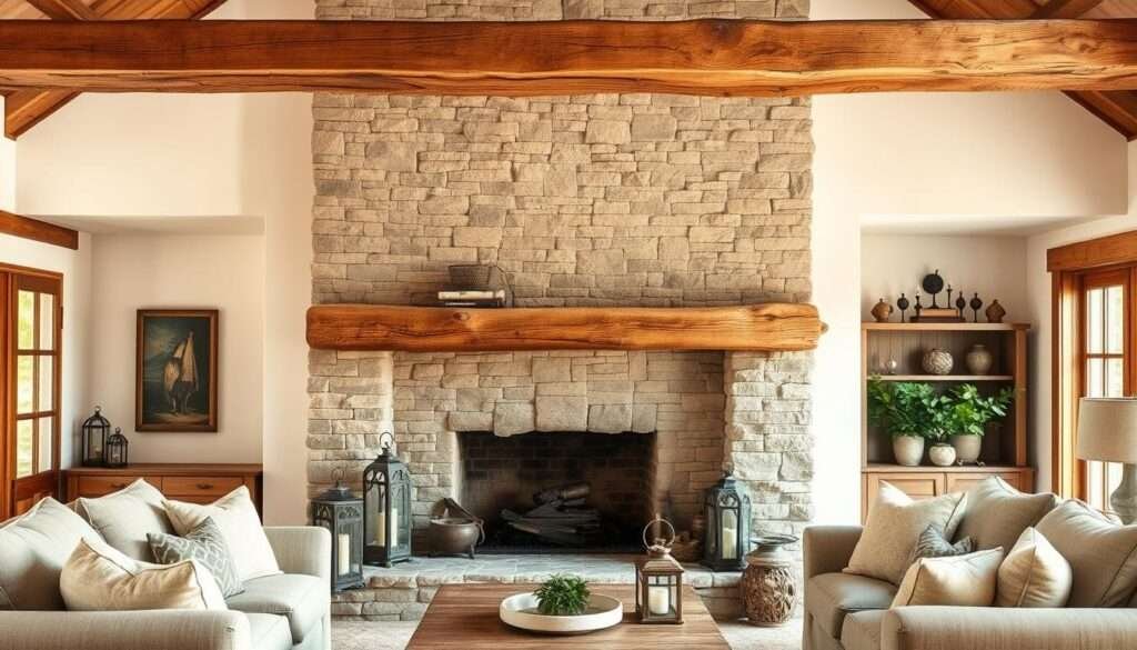 A rustic farmhouse living room with a prominent reclaimed wood beam and a cozy stone fireplace. The beam casts warm, natural lighting across the room, illuminating the textured stone facade of the fireplace. Worn, weathered planks of reclaimed wood form the mantel, blending seamlessly with the aged, earthy tones of the stone. Plush, neutral-toned furnishings and textiles create a cozy, inviting atmosphere, while carefully curated decor elements like vintage lanterns and potted plants add subtle farmhouse charm. The scene exudes a sense of timeless character and comfort, perfectly capturing the essence of a charming, well-lived-in farmhouse living space.