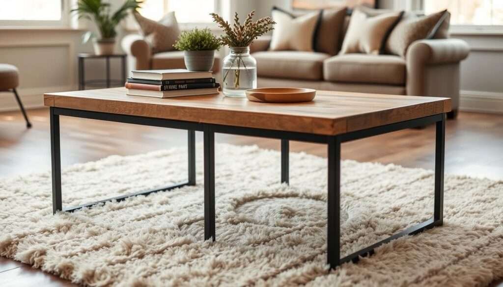 A rustic farmhouse-style coffee table with a distressed wood top and black metal frame, standing on a plush beige area rug in a cozy living room. The table is styled with a stack of vintage books, a potted plant, and a few decorative objects like a wooden tray and a glass vase with fresh flowers, all bathed in warm, natural lighting coming through large windows. The overall atmosphere is one of simple, effortless elegance, reflecting the charming farmhouse aesthetic.