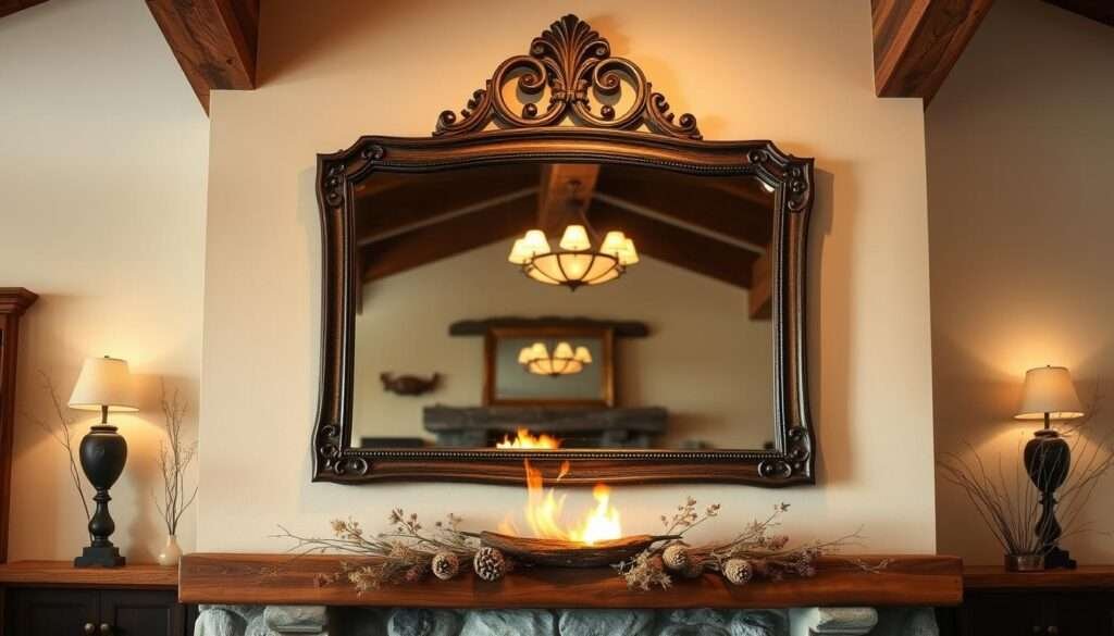 A rustic farmhouse-style living room with a large, ornate mirror hung above a stone fireplace. The mirror reflects the warm glow of the fire, doubling the ambient light and creating a cozy, inviting atmosphere. The mantel is adorned with natural elements like dried flowers and pinecones, complementing the earthy tones of the room. Soft, diffused lighting illuminates the space, casting gentle shadows and highlighting the textural details of the stone and wooden beams. The mirror's elegant frame adds a touch of sophistication, while the overall scene exudes a sense of rustic charm and comfort.