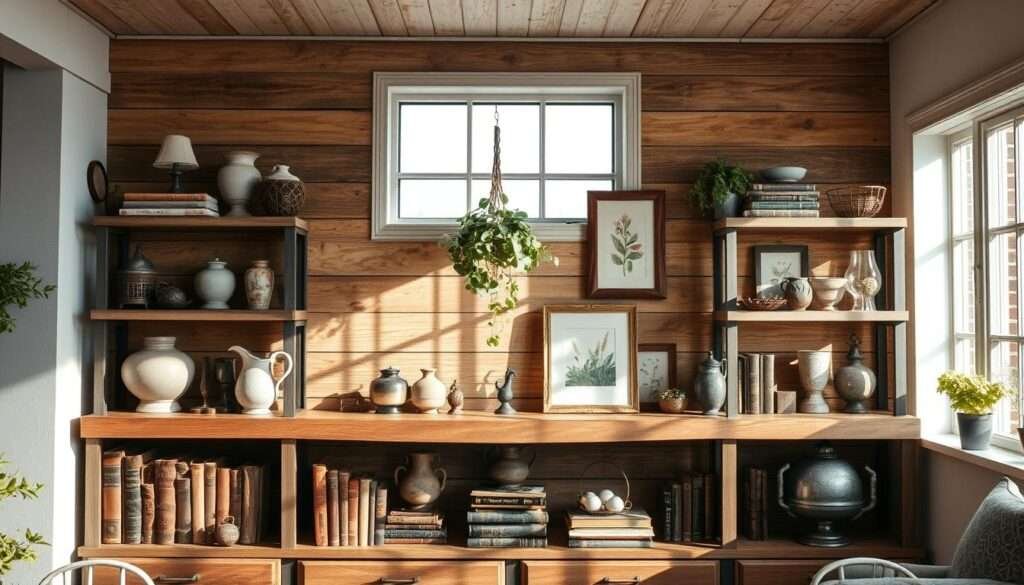A rustic farmhouse-style open shelving unit, its wooden planks adorned with an artful arrangement of vintage-inspired décor. In the foreground, a collection of antique books, ceramic vases, and weathered metal accents create a cozy, lived-in vignette. The middle ground features a hanging plant and a few framed botanical prints, casting soft shadows across the shelves. The background is filled with natural light, streaming in through a large window, illuminating the earthy tones and textures of the display. The overall mood is one of warmth, nostalgia, and a touch of whimsy, perfectly capturing the essence of a cozy farmhouse living room.