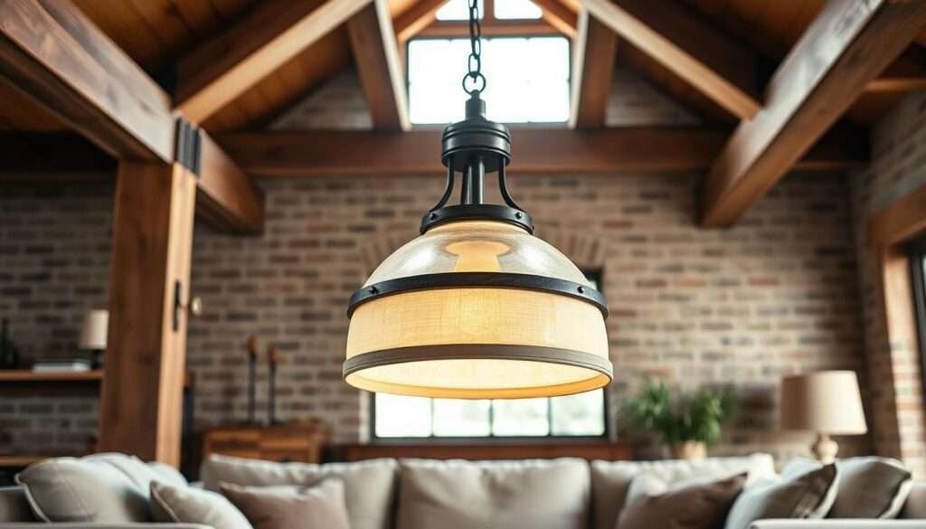 A rustic farmhouse-style pendant light fixture suspended from the ceiling, casting a warm, inviting glow across a cozy living room. The fixture features a distressed metal frame in an antique bronze or black finish, with a large, domed glass or linen shade that diffuses the light softly. The pendant is positioned centrally over a plush, neutral-toned sofa, surrounded by natural wood furniture, earthy tones, and textured fabrics that evoke a charming, countryside ambiance. Beams and exposed brick in the background add to the authentic, rustic feel of the space. Soft, directional lighting illuminates the pendant, creating dramatic shadows and highlights that enhance the farmhouse aesthetic.