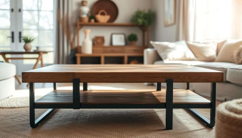 A rustic, farmhouse-style wood coffee table set against a warm, sun-drenched living room. The table features a distressed, weathered oak top with a natural grain and a sturdy, vintage-inspired metal frame in a matte black finish. Soft, diffused lighting from a large window bathes the scene in a cozy, inviting glow, highlighting the table's textured surface and the surrounding decor - plush, neutral-toned upholstery, natural-fiber accents, and earthy tones that evoke a sense of rustic elegance and modern farmhouse charm.