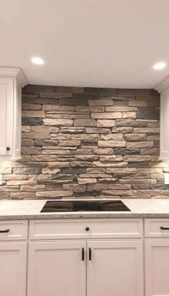 A rustic kitchen backsplash with a stacked stone design, laid in a modern farmhouse style. Charcoal-colored grout contrasts the earthy, textured stones, creating an organic, weathered appearance. The backsplash spans the full width of the kitchen, framed by clean white cabinetry and countertops. Soft, even lighting from recessed ceiling fixtures illuminates the stone's varied hues and shadows, highlighting its natural, handcrafted aesthetic. The overall scene evokes a cozy, countryside ambiance that seamlessly blends traditional and contemporary elements.