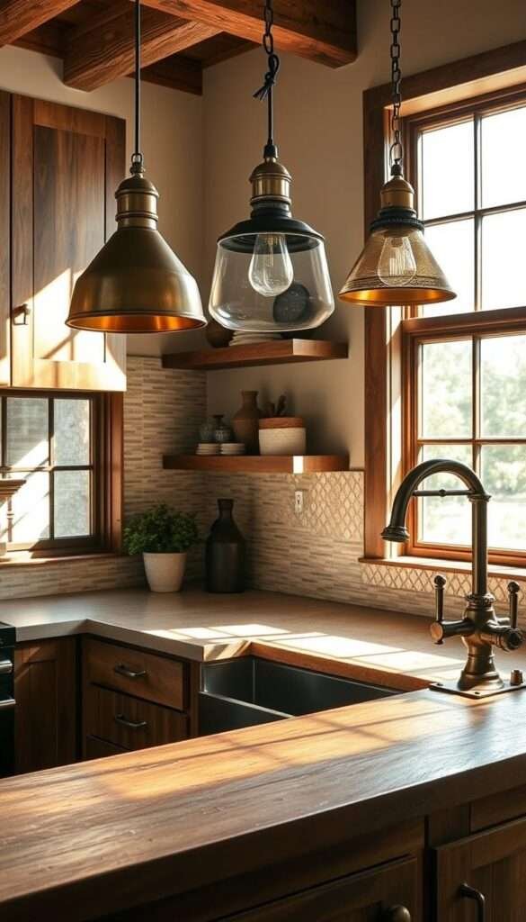 A rustic kitchen countertop with a mix of brass, iron, and copper accents creating a warm, earthy ambiance. Sunlight streams through large windows, casting a natural glow on the weathered wood cabinetry and industrial-chic pendant lights. Textured tile backsplash in neutral tones complements the metallic finishes, while a vintage-inspired faucet and hardware add to the overall aesthetic. Arrange the elements in a harmonious, visually appealing composition that highlights the beauty of the mixed metal finishes.