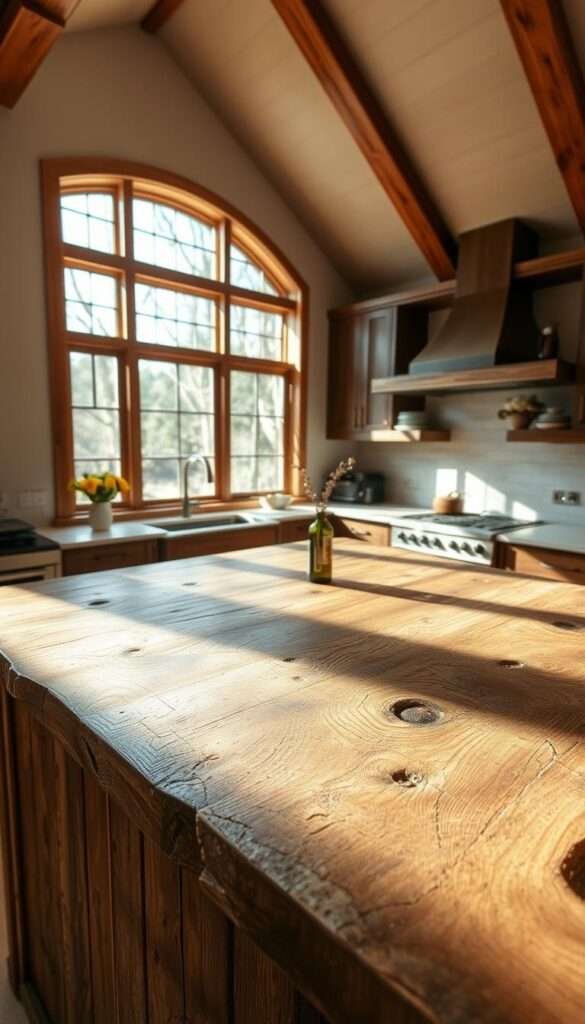 A rustic kitchen island crafted from reclaimed wood, featuring a character-rich surface with visible nail holes and epoxy-filled cracks. The warm glow of soft, diffused lighting illuminates the island's natural texture and imperfections, creating a cozy and inviting atmosphere. The island stands as the centerpiece, a testament to the beauty of weathered materials and the charm of handcrafted details. Sunlight filters in through large windows, casting gentle shadows and highlighting the island's organic silhouette. The overall scene evokes a sense of timeless elegance, seamlessly blending the outdoors with the modern rustic aesthetic of the kitchen.