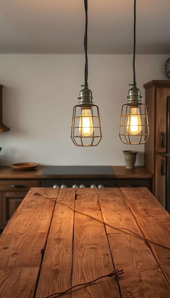 A rustic kitchen island, weathered and worn, its surface a tapestry of age-worn planks. Suspended above, a trio of restored vintage pendant lights, their metal frames gleaming in the soft, ambient glow. The light dances across the wood, casting warm shadows that imbue the space with a sense of timeless charm. The lamps, relics of a bygone era, lend an air of history and character, inviting the viewer to imagine the stories they could tell. A composition that celebrates the beauty of the imperfect, blending the old and the new in a harmonious, visually captivating display.