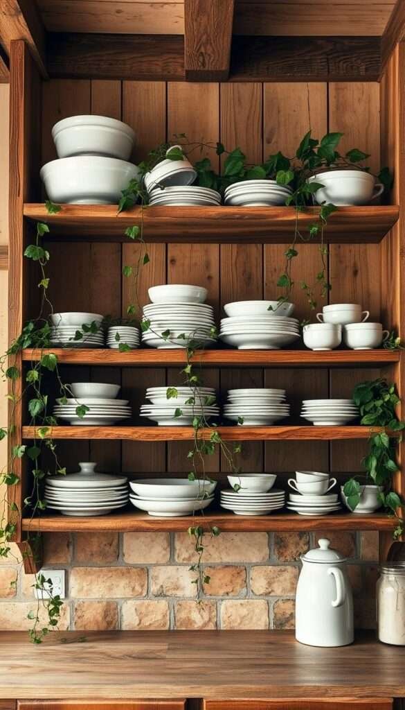 A rustic kitchen with open wood shelves displaying a collection of pristine white ceramic dishes. Trailing vines and lush greenery cascade from the shelves, softening the rigid lines. Warm, diffused lighting casts a gentle glow, enhancing the natural textures. The scene conveys a sense of effortless elegance, inviting the viewer to imagine the comforting aromas and cozy ambiance of this well-curated kitchen. A 50mm lens captures the shelves at eye level, emphasizing the depth and materiality of the scene.