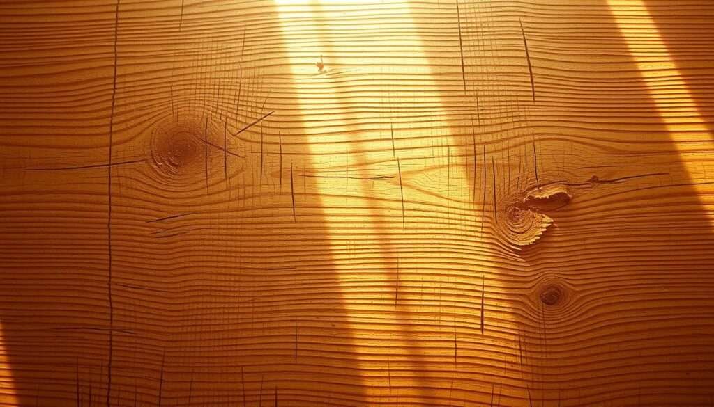 A rustic, natural wood surface with a worn, weathered texture. The grains and knots are clearly visible, creating a captivating pattern. Shafts of warm, golden light stream through the window, casting a soft, inviting glow on the wood. The image has a slightly aged, vintage appearance, suggesting a sense of history and charm. The wood is the focal point, occupying the majority of the frame, with a clean, uncluttered background that allows the natural beauty of the material to shine. The overall atmosphere is cozy, earthy, and evocative of a farmhouse aesthetic.