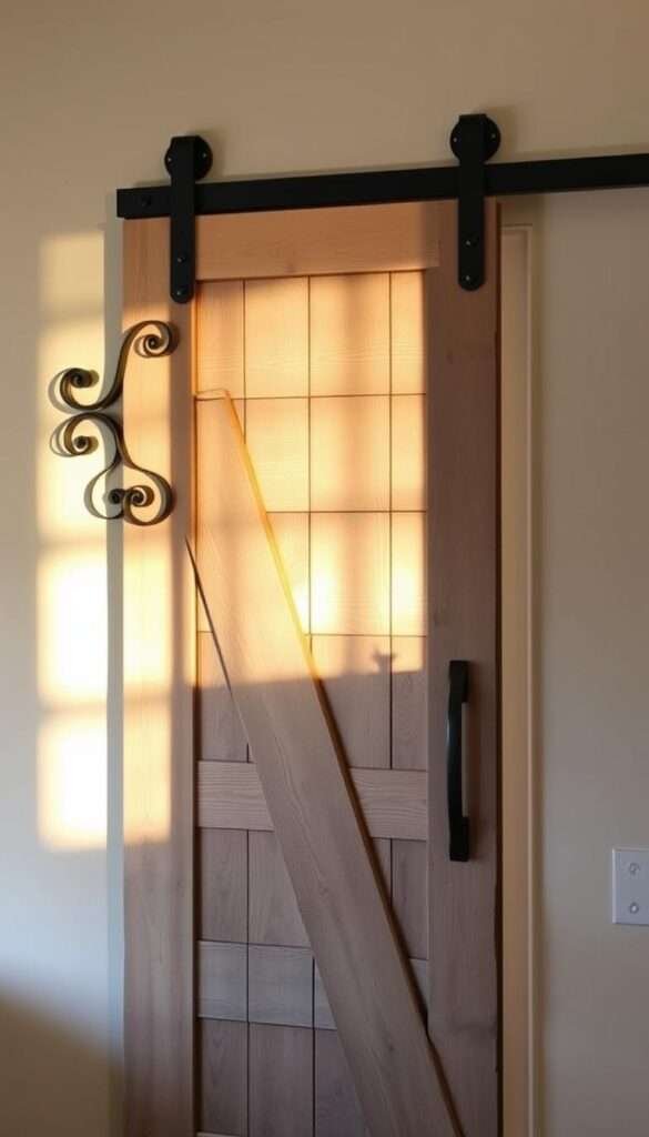 A rustic sliding barn door with weathered wood planks, adorned with intricate wrought iron hardware in a matte black finish. The door is slightly ajar, revealing a cozy and inviting kitchen space beyond, bathed in warm, natural lighting that casts gentle shadows across the scene. The hardware features elegant curves and scrollwork, complementing the industrial-chic aesthetic. The door is set against a backdrop of neutral-toned walls, creating a harmonious and visually appealing focal point that effortlessly combines form and function, perfectly suited for a small kitchen space.