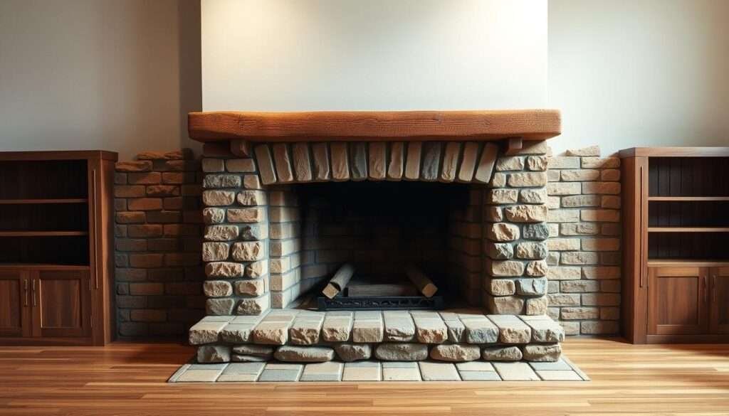 A rustic, stone and brick fireplace hearth stands as the focal point of a cozy farmhouse living room. The earthy tones and weathered textures of the stone create a grounded, nostalgic charm, while the brick surround adds warmth and an inviting, vintage aesthetic. Soft, diffused lighting from above casts a gentle glow, highlighting the intricate patterns and unique imperfections of the handcrafted masonry. The fireplace is flanked by simple, wooden shelving or built-in cabinetry, creating a balanced, symmetrical composition. The overall mood is one of comfort, tradition, and timeless style, perfectly suited for a charming, farmhouse-inspired space.