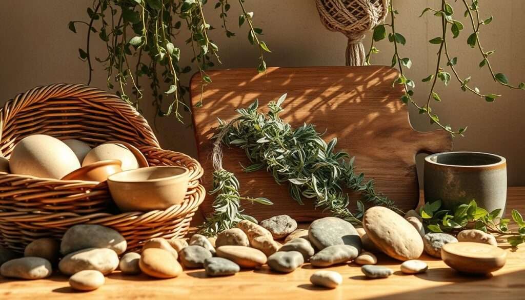 A rustic, sun-dappled still life of natural materials and textures, perfectly suited for a bohemian kitchen. In the foreground, a woven rattan basket overflows with earthy ceramics, their glazed surfaces catching the warm light. Scattered amidst them are smooth river stones, their surfaces polished by the flow of water. In the middle ground, a weathered wooden cutting board supports a bundle of fragrant sage, its silvery-green leaves contrasting with the rough-hewn grain. Trailing vines of trailing ivy cascade from a macrame plant hanger, their delicate tendrils framing the scene. The background is bathed in soft, golden tones, evoking the calming atmosphere of a cozy, light-filled kitchen.