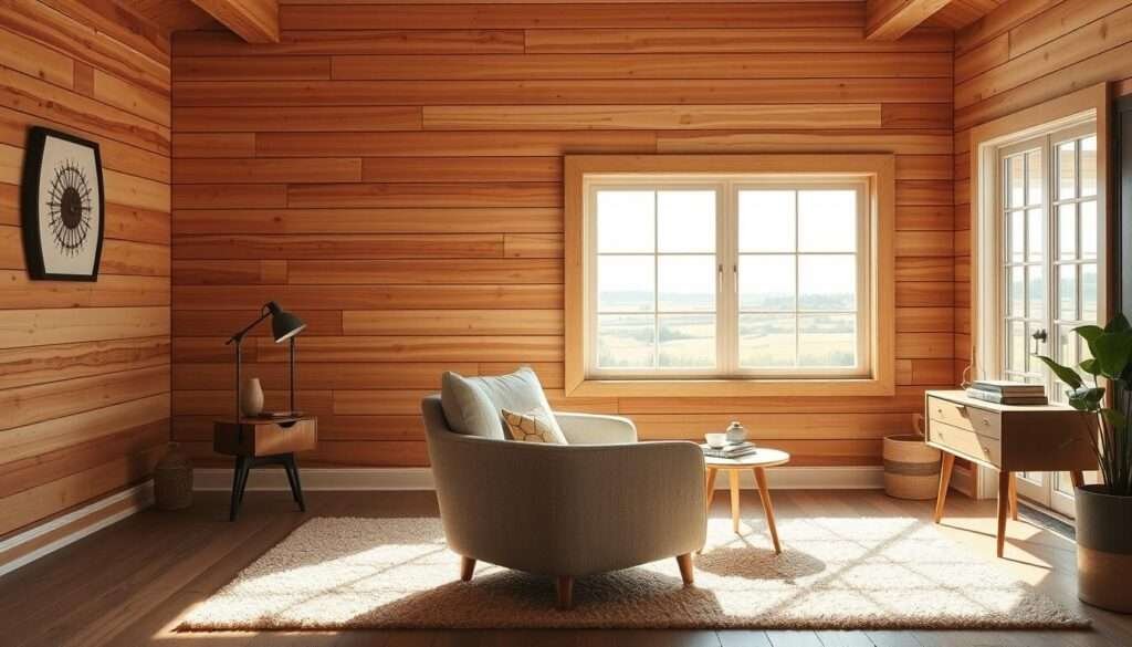 A rustic, sun-drenched farmhouse living room with a stunning shiplap feature wall. The natural wood panels create a warm, cozy ambiance, accentuated by soft, diffused lighting that casts gentle shadows. In the foreground, a cozy armchair and a plush area rug invite relaxation, while a mid-century modern side table adds a touch of contemporary flair. In the background, a large window frames a picturesque countryside view, further enhancing the inviting and charming atmosphere. The overall scene exudes a sense of farmhouse-inspired comfort and timeless appeal, perfectly capturing the essence of a budget-friendly, DIY-friendly decorating project.