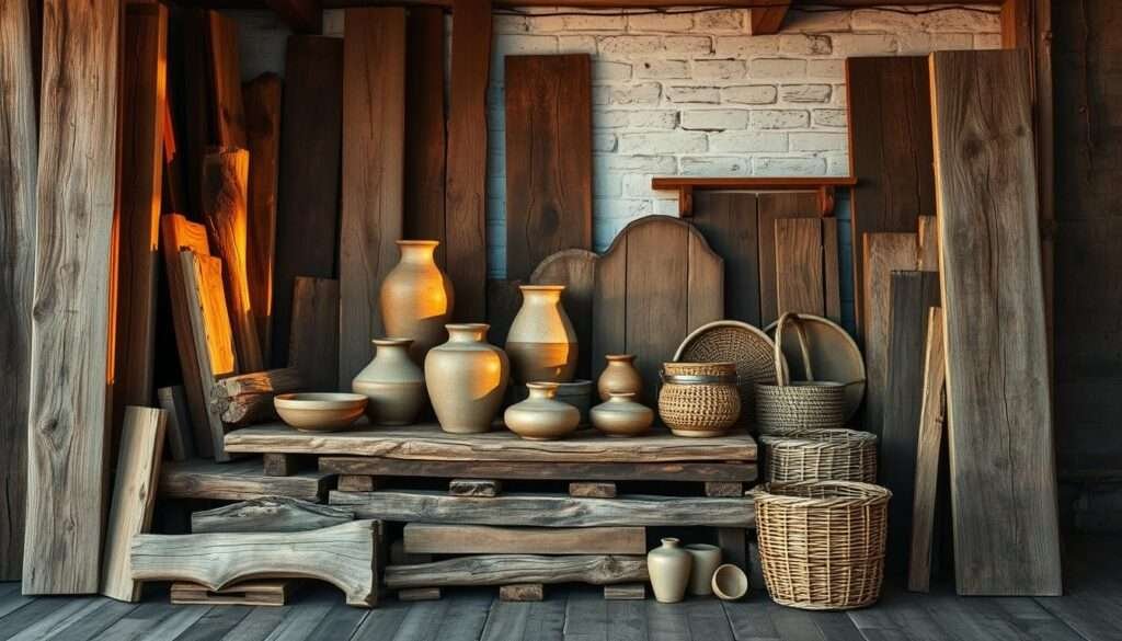 A rustic tableau of reclaimed wood materials, bathed in warm, golden light. In the foreground, various weathered planks, beams, and panels of distressed wood are artfully arranged, their natural textures and imperfections on full display. The middle ground features a collection of earthy, handcrafted vases, ceramic dishes, and woven baskets, complementing the rugged wooden elements. In the background, a backdrop of exposed brick or whitewashed wood paneling creates a cozy, farmhouse-inspired ambiance. The composition captures the organic beauty and timeless charm of reclaimed materials, grounding the space in a sense of natural, lived-in elegance.