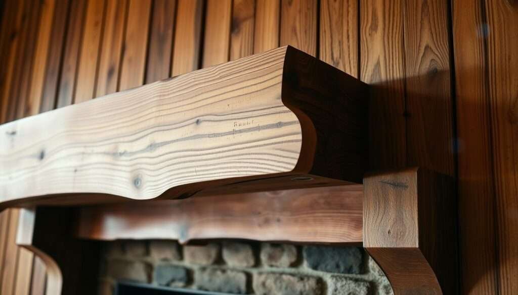 A rustic, weathered wood mantel, its grain and knots accentuated by soft, warm lighting casting a cozy glow. The mantel is set against a backdrop of timeworn wood paneling, its bourbon-toned hues and subtle imperfections evoking a sense of old-world charm. The scene is captured from a low angle, emphasizing the grandeur and inviting presence of the fireplace. Subtle lens flare and a gentle vignette add depth and atmosphere, creating an image that perfectly encapsulates the section's theme of "Wood and Paneling Charm: Weathered Mantels and Bourbon‑Toned Walls".