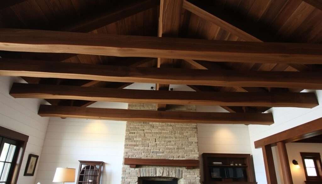 A rustic, well-lit farmhouse interior with exposed wooden beams spanning the ceiling. The beams are weathered and textured, casting dramatic shadows across the space. In the foreground, a mix of natural materials like brick and stone create a focal point, complemented by shiplap walls in the background. The lighting is soft and warm, illuminating the unique architectural details. The overall atmosphere evokes a sense of timeless, cozy elegance befitting a charming farmhouse living room.