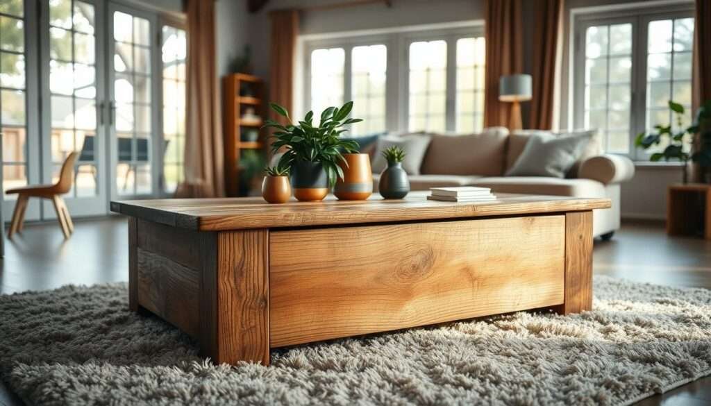 A rustic wood coffee table sits in the foreground, its natural grain and warm hues lending a cozy, earthy feel to the living space. The table is nestled atop a plush, neutral-toned area rug, adding a touch of softness and texture. Soft, indirect lighting filters in through large windows, creating a welcoming, intimate atmosphere. Lush, potted plants and a few carefully curated decorative objects adorn the table, personalizing the space and bringing the outdoors in. The overall scene evokes a sense of relaxation and harmony, inviting the viewer to pause and savor the simple pleasures of a cozy, well-appointed living room.