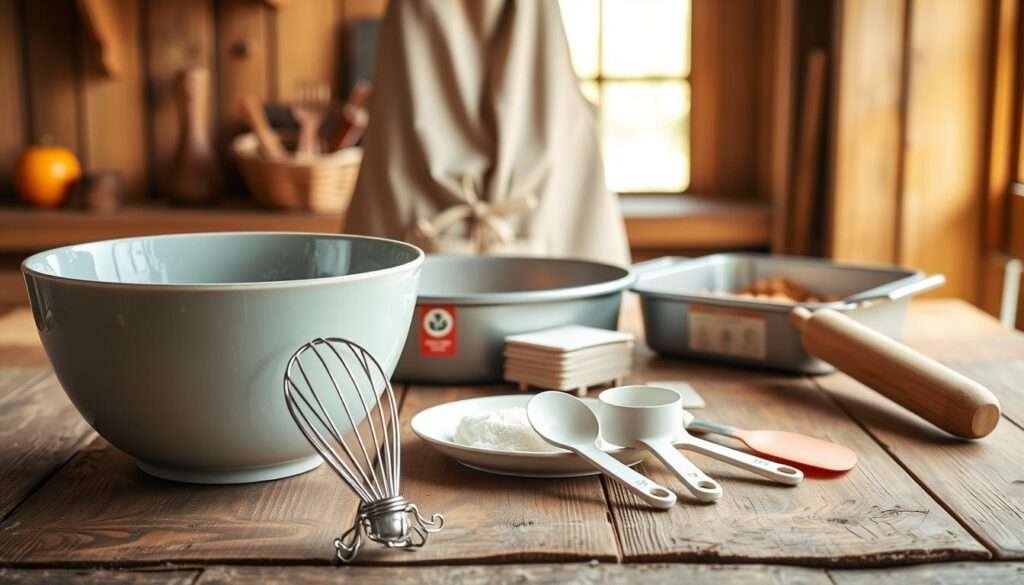 A rustic wooden kitchen table bathed in warm, natural light, showcasing an assortment of baking tools and utensils. In the foreground, a large mixing bowl, a handheld whisk, and a set of measuring cups and spoons arranged in a neat, organized manner. Behind them, a heavy-duty baking pan, a rolling pin, and a silicone spatula, all positioned to suggest their practical use in the creation of a homemade apple crumb cake. The middle ground features a vintage-inspired apron and a small stack of recipe cards, hinting at the culinary task at hand. The background is softly blurred, allowing the focus to remain on the essential tools needed for this baking endeavor.
