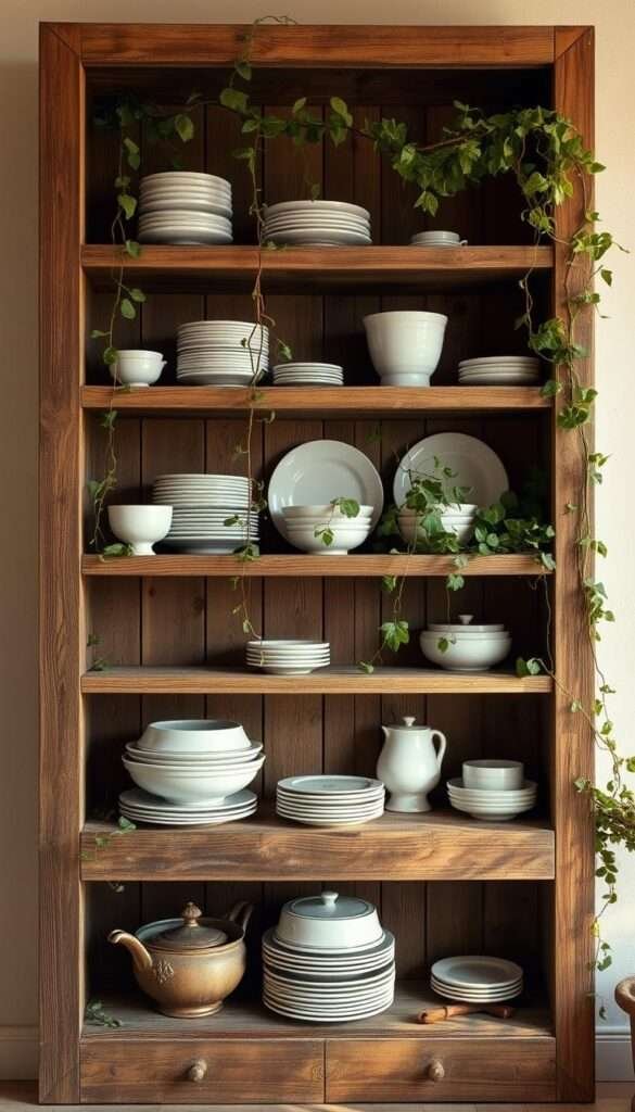 A rustic wooden open shelving unit, its weathered planks displaying a collection of white ceramic dishes, bowls, and plates. Trailing vines and lush greenery cascade from the shelves, adding a natural, organic element. Warm, diffused lighting filters in from an unseen source, casting a soft, golden glow across the scene. The overall atmosphere is one of simplicity, beauty, and function - a harmonious blend of modern and vintage styles that evokes a sense of timeless charm.