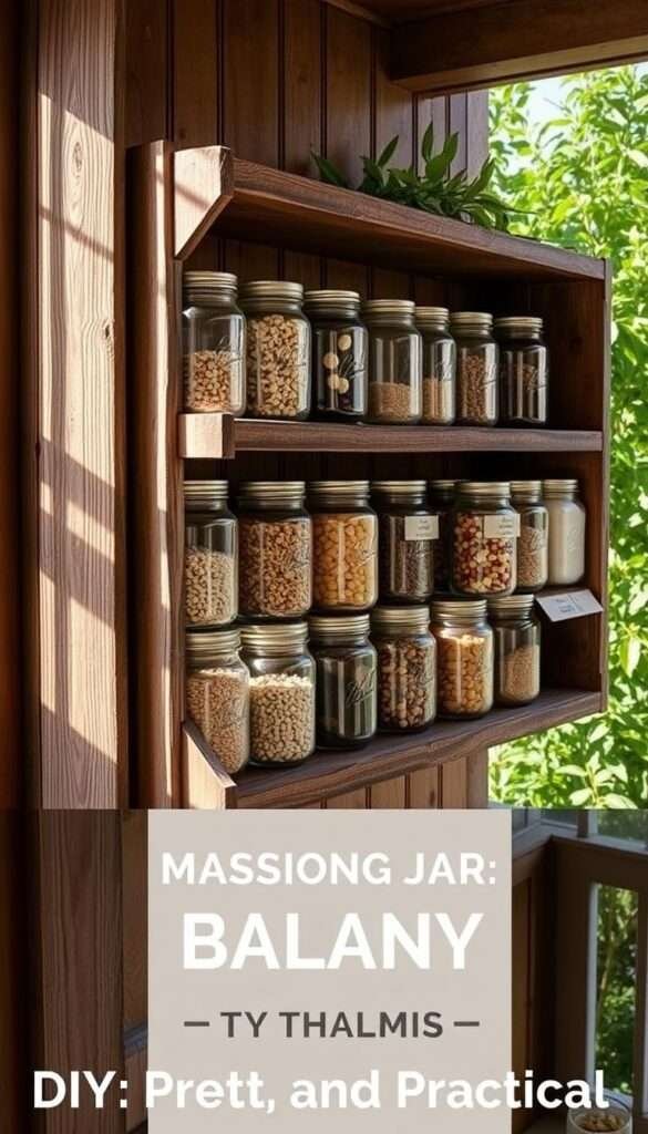 A rustic wooden shelf displaying an assortment of mason jars filled with various grains, legumes, and dried goods. The jars are arranged in a visually pleasing, staggered pattern, casting soft shadows on the weathered, distressed wood. Warm, natural lighting from a nearby window filters through, creating a cozy, inviting atmosphere. The shelf is positioned on a balcony, with a glimpse of lush, verdant plants in the background, blending the interior and exterior spaces. The overall scene exudes a sense of homespun charm and practical functionality, perfectly complementing the "DIY Mason Jar Balcony: Pretty and Practical" theme.