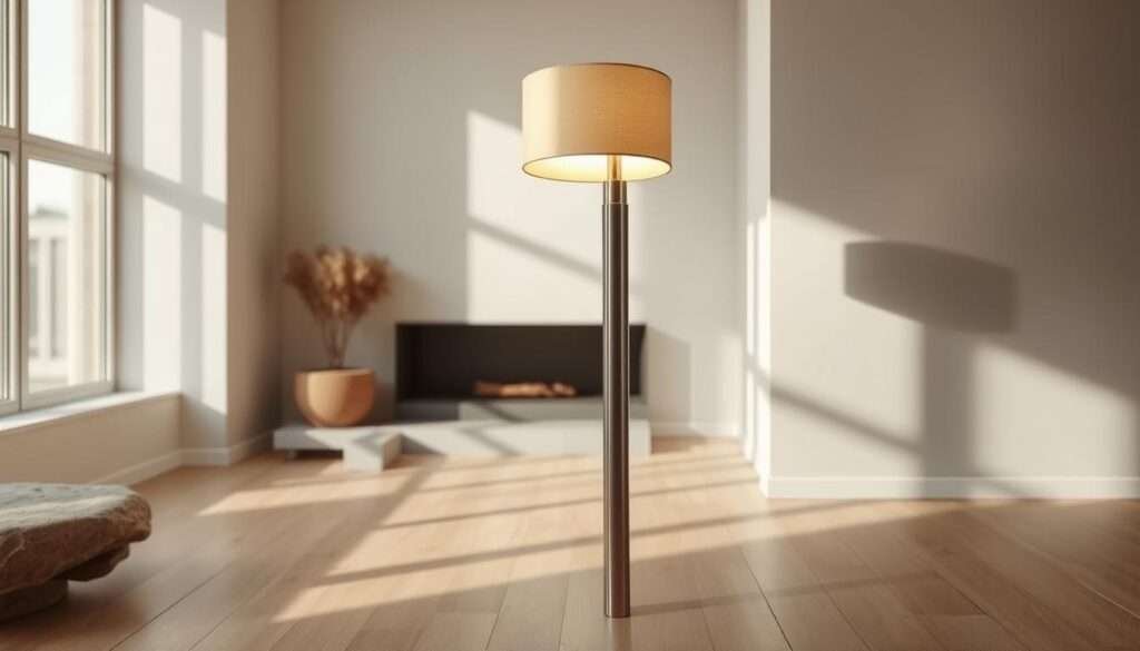 A sculptural minimalist floor lamp with a slim, cylindrical metal body and a geometric shade casting a warm, diffused light. The lamp stands in a serene, minimalist living room with neutral tones, clean lines, and a focus on natural textures like wood and stone. Soft shadows and highlights create a sense of depth and drama, drawing the eye to the striking, architectural lamp as the room's central focal point.