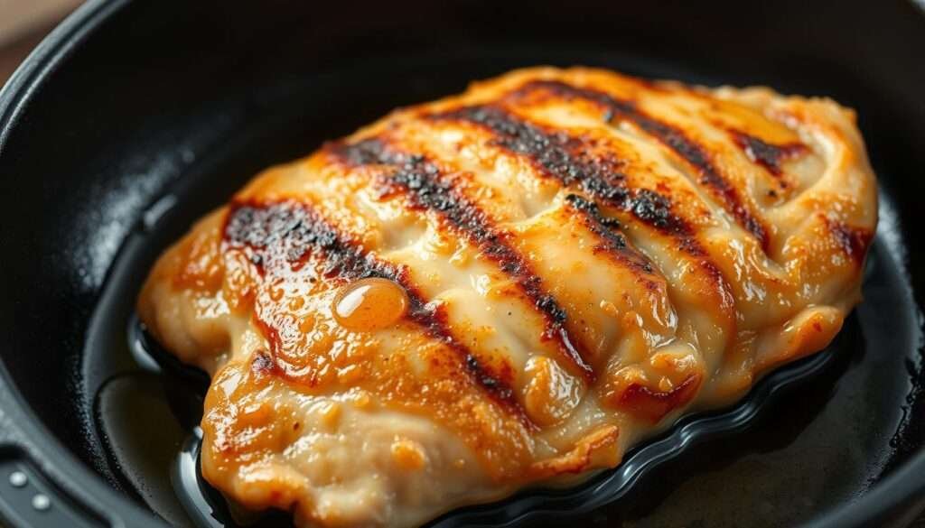 A seared chicken breast sizzles in a cast-iron skillet, the golden-brown crust contrasting with the tender, juicy interior. Drops of oil spatter lightly, creating a warm, inviting atmosphere. Soft shadows caress the edges, highlighting the undulating surface texture. The scene is bathed in a soft, even light, casting a gentle glow that enhances the chicken's natural hues. The skillet is positioned at a slight angle, drawing the viewer's eye to the center of the action. This image perfectly captures the essence of a "step-by-step" cooking demonstration, inviting the viewer to imagine the delicious meal that will soon be prepared.