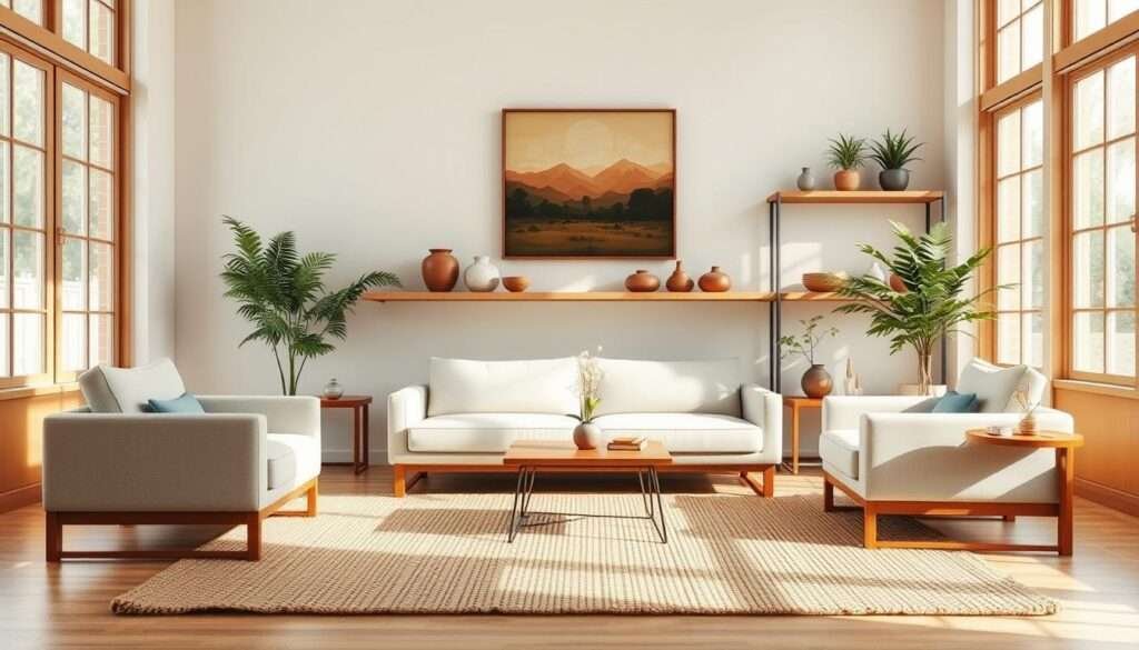 A serene Japandi-inspired living room, bathed in soft natural light filtering through large windows. A minimalist low-profile sofa and armchair in neutral tones sit atop a woven natural fiber rug. Sleek wooden side tables and a small coffee table with clean lines complement the space. In the background, a wall-mounted wooden shelving unit displays potted plants and decorative pottery, while a large framed artwork in earthy tones hangs above. The overall atmosphere is one of calm, simplicity, and a harmonious blend of natural elements.