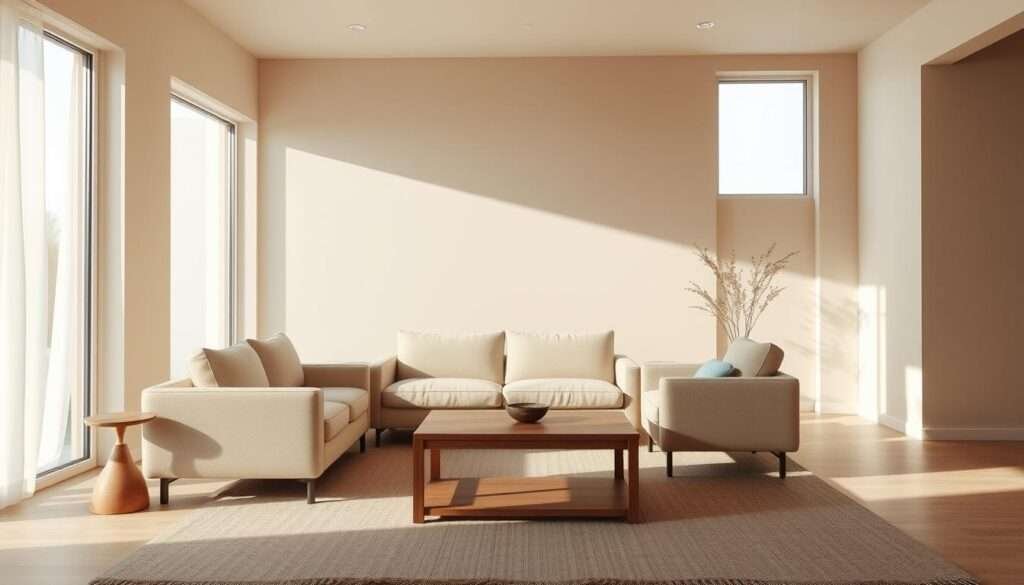 A serene and minimalist living room, bathed in natural light from large windows. The space features a clean-lined sofa and armchair in neutral tones, complemented by a wooden coffee table with minimal decoration. The walls are painted in a soft, earthy hue, and the floor is covered in a muted, textured rug. Subtle lighting fixtures provide a warm, ambient glow, creating a tranquil and inviting atmosphere. The room is uncluttered, with a focus on functionality and simplicity, embodying the essence of minimalist design.