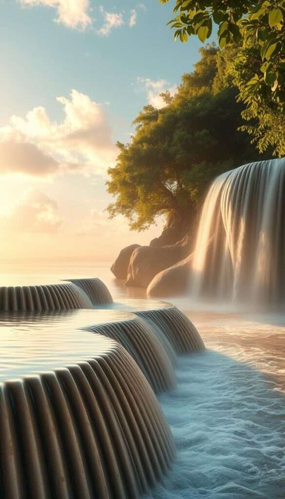 A serene, fluted marble waterfall cascades into a tranquil island oasis. The scene is bathed in warm, golden sunlight filtered through wispy clouds, casting a soft, ethereal glow. The water flows gracefully over the sculptural, reeded edges of the falls, creating mesmerizing patterns and textures. Lush, verdant foliage frames the island, hinting at an abundance of natural beauty beyond. The overall composition evokes a sense of organic elegance and timeless, understated luxury - a perfect representation of the "Reeded and Fluted Details for Organic Texture" trend.
