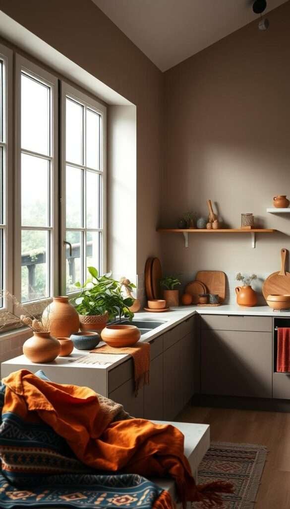 A serene kitchen nook, flooded with natural light from large windows. On the foreground, an arrangement of vibrant Boho-inspired textiles and ceramics in rich, earthy tones - ochre, terracotta, indigo. In the middle ground, a sleek, minimalist kitchen counter in a neutral hue, complemented by lush indoor plants. The background features a muted, neutral-toned wall, creating a balanced, harmonious color palette. The lighting is soft and diffused, highlighting the textures and tones of the materials. The overall mood is one of calm, yet joyful, color play - a blend of Boho flair and Scandinavian simplicity.