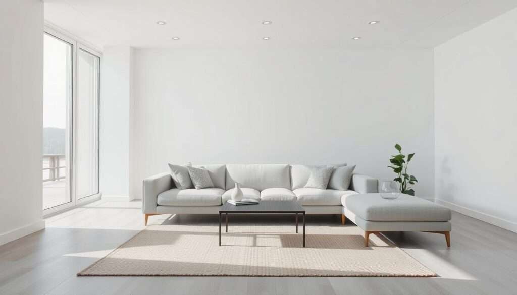 A serene light gray minimalist living room with clean, geometric lines and a spacious, airy atmosphere. Large windows let in abundant natural light, casting a soft, diffused glow across the space. A plush, low-profile sofa in a neutral tone anchors the midground, accompanied by a sleek, minimalist coffee table. The background features bare, white walls and understated, recessed lighting, creating a tranquil, calming ambiance. Subtle textures, like the woven area rug and decorative throw pillows, add visual interest without distracting from the overall simplicity. This inviting scene exemplifies the beauty of light gray as a modern, versatile neutral backdrop for a minimalist living room design.